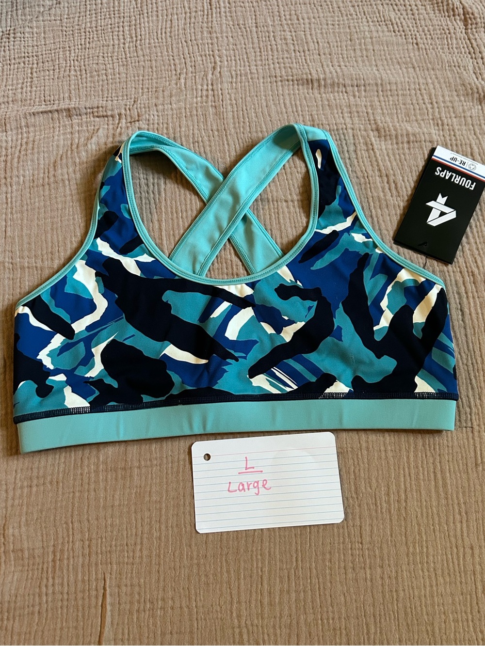 Blue Camo Cross-Back Sports Bra with Mint Trim